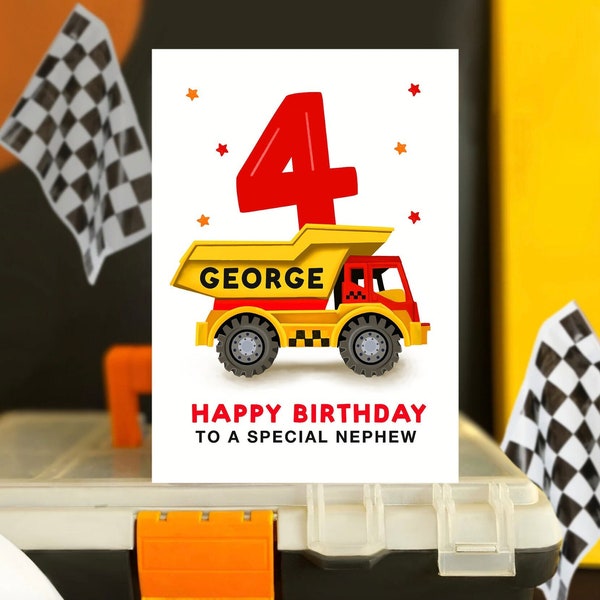 Personalised 4 Today Little Boys Truck Birthday Card, Special Nephew, Son, Grandson, Yellow Digger - Crane, Lorry, Boys Toys