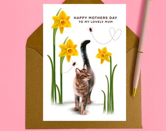Tabby Cat mothers day card, card for her, mum, mummy, Tabby cat, funny card, bees and daffodils