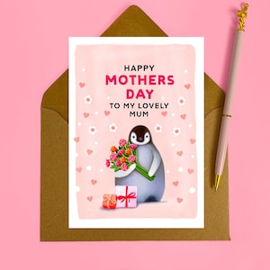 Penguin Mothers day card - Card for my mum, Mummy, baby Emperor penguin, Pink and grey