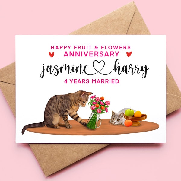 Personalised Fruit and Flowers Anniversary card, Cat card, 4th Anniversary, For my daugher, son in law, special couple