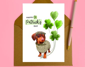 St Patricks Card - Dachshund Shamrock card, Sausage dog, Guinness card for him, her, Dad, uncle