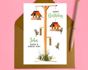 Personalised Bird feeder birthday card - Garden birds card - Gardening birthday card - Garden birds card - Card for him - Father card