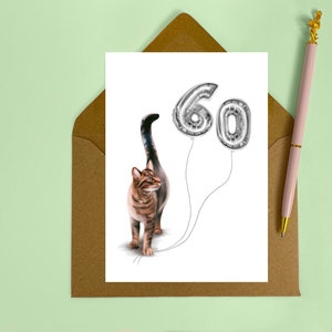 Cat 60th birthday card - sixty today - birthday card for her - tabby cat card - sister birthday card - auntie or niece birthday card - 30th