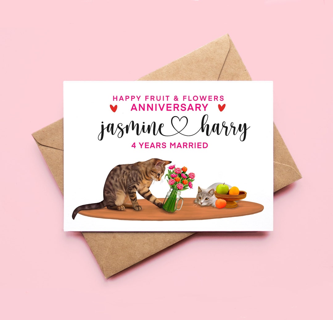 Personalised Fruit and Flowers Anniversary Card Cat Card 4th Etsy