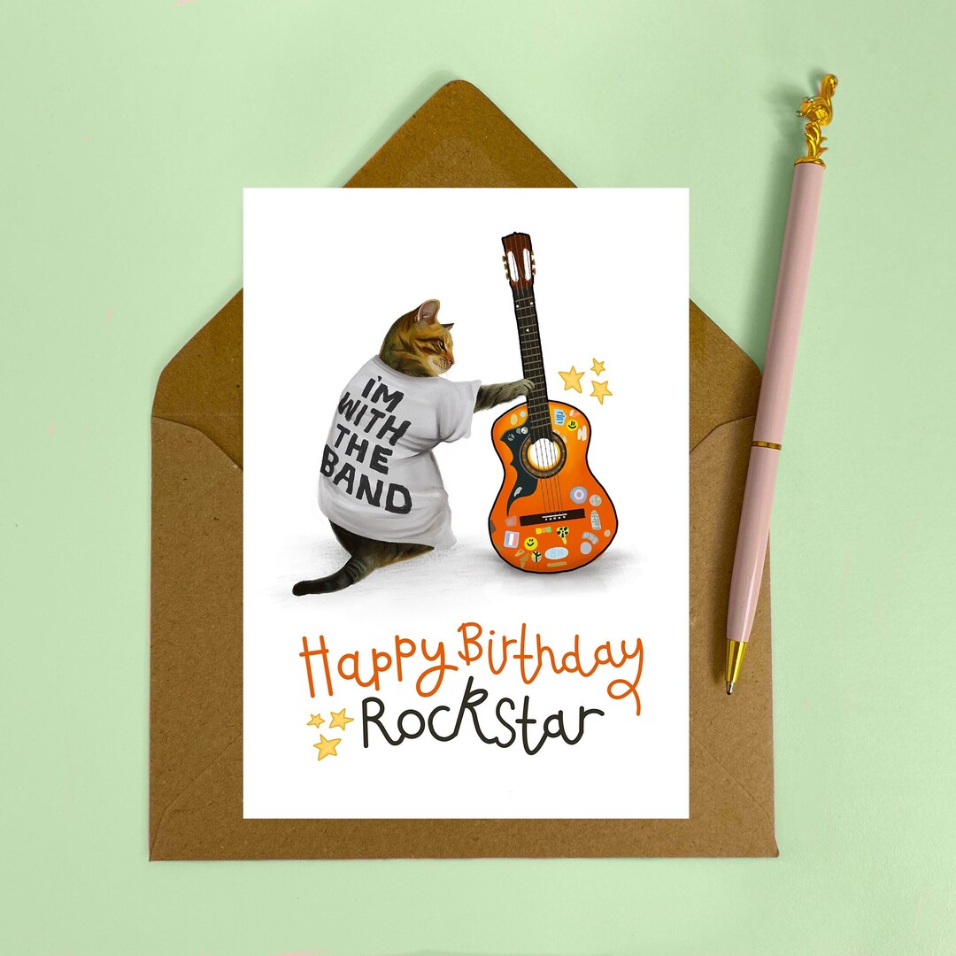 Cat Rapper Birthday Funny Cat Birthday Card, Happy Birthday Rockstar, Band Card, Tabby Cat ...