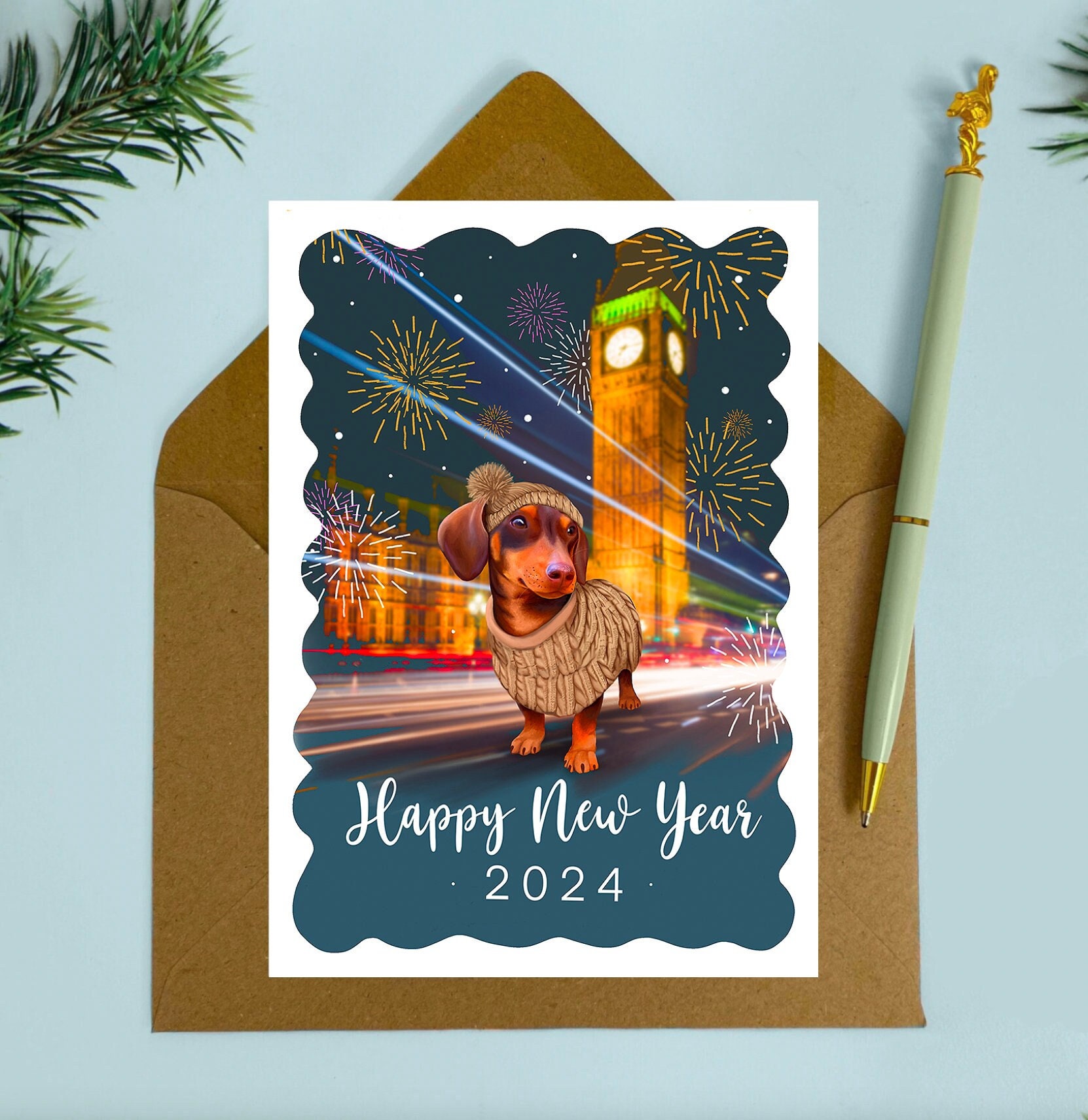Sausage Dog New Years Card Happy New Year Card 2024 Card Dachshund