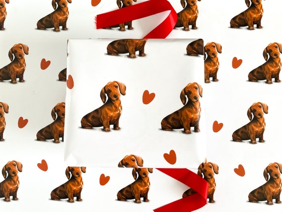 Recyclable Birthday Giftwrap Sausage Dog Dachshund Hotdog Wrapping Paper & Tag 