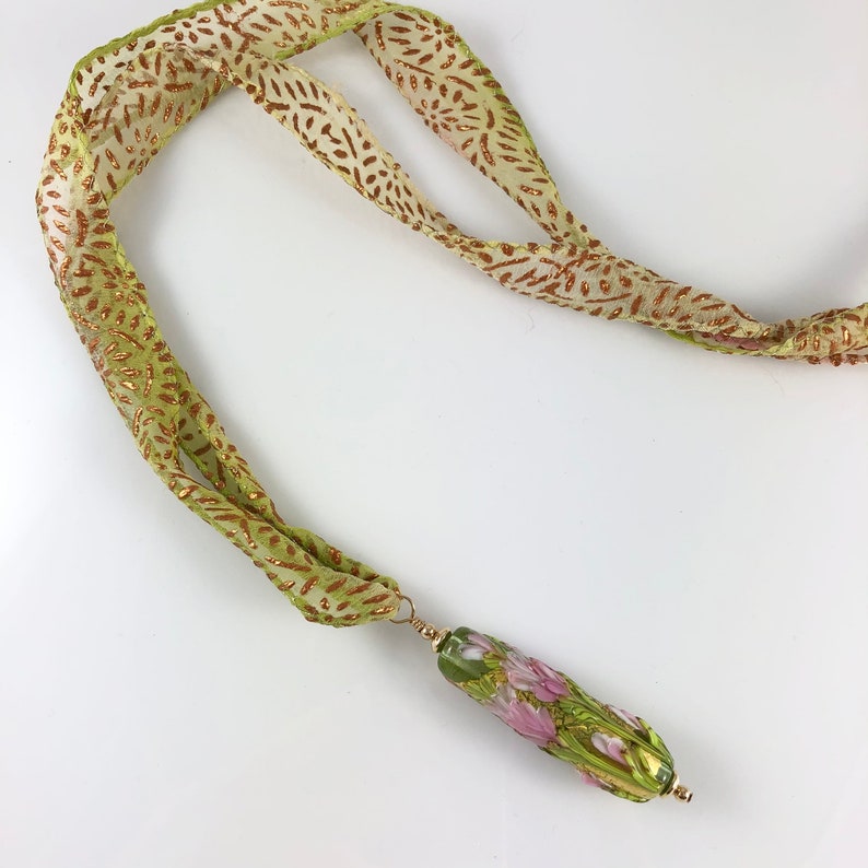 Pink and Spring Green Gold Leaf Floral Pendant
