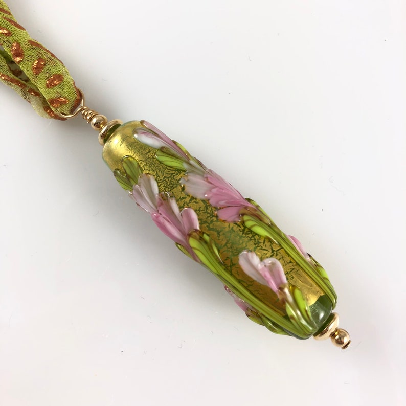Pink and Spring Green Gold Leaf Floral Pendant