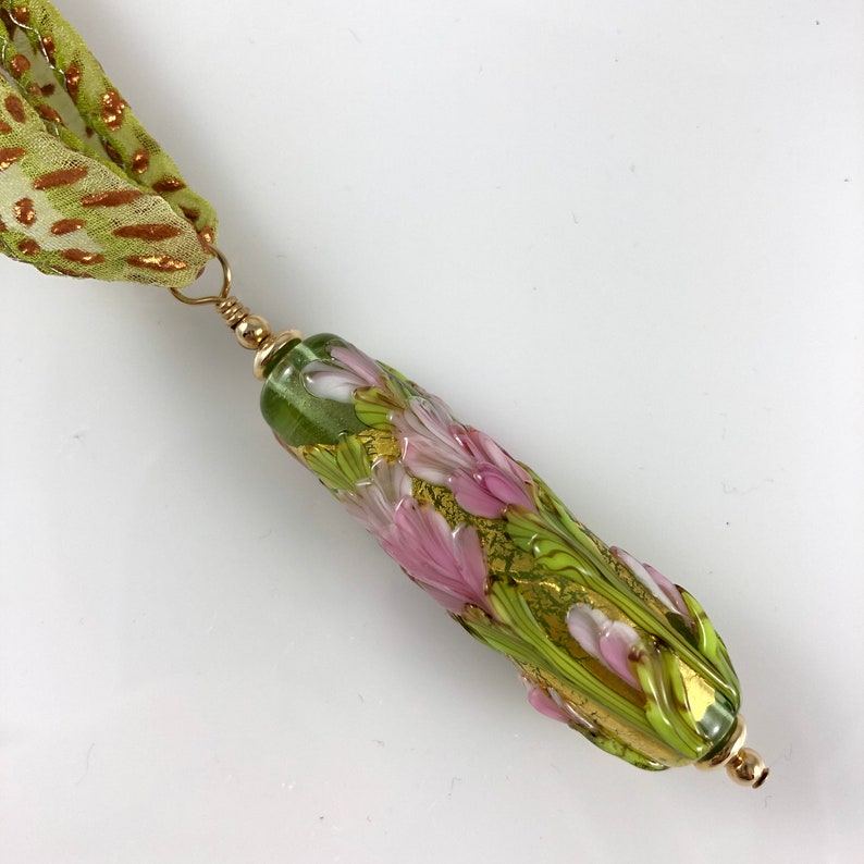 Pink and Spring Green Gold Leaf Floral Pendant
