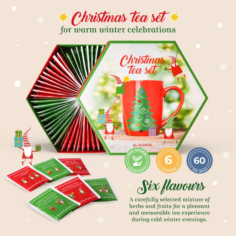 May include: A hexagonal box filled with 60 tea bags in red and green wrappers. The box features a Christmas-themed design with a red mug and a Christmas tree. The text on the box reads "Christmas tea set" and "By ACORUS". There are six different tea flavors: Green Tea with Sea Buckthorn and Melilot, Rooibos Tea with Cinnamon, Apple Tea with Cinnamon, Ginger Tea with Lemon, Black Tea with Orange and Cranberry, and Black Tea with Lemon and Ginger.