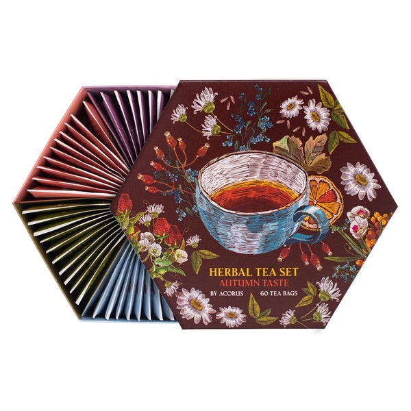 Autumn Taste Tea Set by ACORUS | Natural Tea Hamper Box Gift Set of 6 flavors | Discover rich autumn teas | 60 herbal Tea Bags