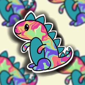 May include: A colorful tie-dye dinosaur sticker with a pink, green, blue, and yellow swirl pattern. The dinosaur is standing on its hind legs with its tail curled up.