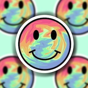Smile Face Sticker, Tie Dye/Rainbow (Regular or Mini) -WATERPROOF, Laptop Sticker, Cute Sticker,  Car Sticker, Water Bottle Sticker, Phone