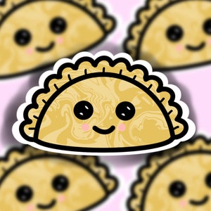 May include: Five cartoon pastry illustrations with a marbled pattern and smiling faces. The pastries are yellow and brown with a white outline.