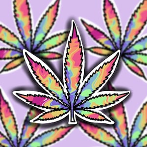 May include: A colorful, tie-dye style cannabis leaf design with a white outline. The leaf is a vibrant mix of pink, blue, green, and yellow.