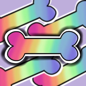 May include: A rainbow-colored bone-shaped sticker with a white outline. The bone is a gradient of pink, orange, yellow, green, blue, and purple.