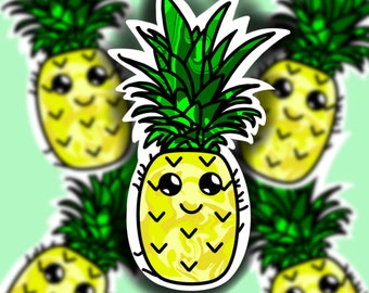 Könnte beinhalten: Eine Cartoon-Ananas mit einem gelben und weißen Wirbelmuster und einer grünen, blattreichen Spitze. Die Ananas hat große Augen und einen lächelnden Mund.