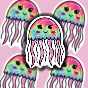 May include: Five colorful sticker designs of a cartoon jellyfish with a swirl pattern and a smiling face. The jellyfish are pink, blue, green, and yellow.