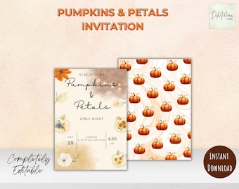 Pumpkins and Petals Invitation 5x7 Editable Fall Girls Night Invite Autumn Floral Party Pumpkin Theme Wine Night Digital Download Printable