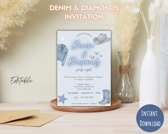 Denim and Diamonds Invitation 5x7 Editable Western Party Invite Country Glam Birthday Party Girls Night Digital Download Printable