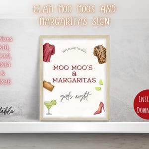 Editable Printable Glam Moo Moo and Margaritas Welcome Sign for Party, Girl&#39;s Night, girls night out, bachelorette party, ladies night