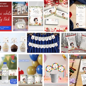 May include: A selection of party decorations and supplies with a Snow White theme. Includes invitations, cupcake toppers, water bottle labels, chip bags, and a banner reading "Happy Birthday". The colour scheme is white, red, and gold.