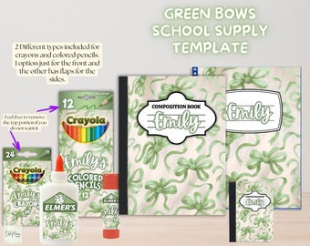 Coquette School Supply Labels Editable Green Bow Name Labels Cute Classroom Labels Back to School Stickers Digital Download Printable