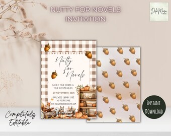 Convite para Clube de Leitura de Outono "Loucos por Livros" 5x7 Editável - Convite para Festa de Leitura Aconchegante de Outono - Evento para Amantes de Livros - Download Digital para Imprimir