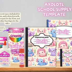 May include: A digital template for school supplies featuring an axolotl pattern with pink, blue, and cream colors. The set includes labels for a composition book, a glue bottle, a glue stick, and boxes for 12 colored pencils and 24 crayons.
