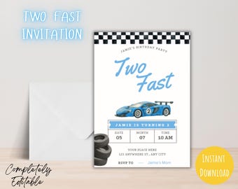 Twee snelle blauwe raceauto verjaardagsuitnodiging 5 x 7 bewerkbare meisje jongen Racing partij tweede verjaardag twee snelle thema digitale download afdrukbare