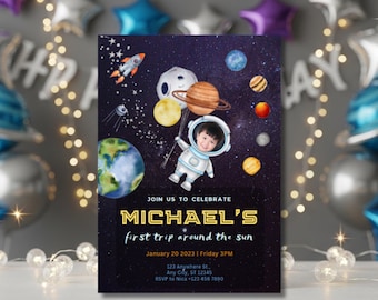 Invito per festa di compleanno a tema spaziale, formato 5x7, modificabile. Invito per festa a tema spazio esterno, galassia, astronauta, razzo, compleanno per bambini, download digitale stampabile.