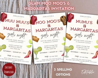 Editable, Digital, Glam Moo Moos & Margaritas, Girl&#39;s Night, girls, Party invitation, girls night out, bachelorette party, ladies night