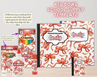 Coquette School Supply Labels Editable Red Bow Name Labels Cute Classroom Labels Back to School Stickers Digital Download Printable