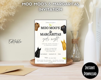 Editable, Digital,black and gold,Moos & Margaritas, Girl&#39;s Night, girls, Party invitation, girls night out, bachelorette party, ladies night