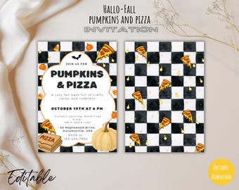 May include: A Hallo-Fall Pumpkins and Pizza invitation card featuring a black and white checkered background with illustrations of pumpkins, pizza slices, and candy corn. The text includes event details, date, time, and location information.