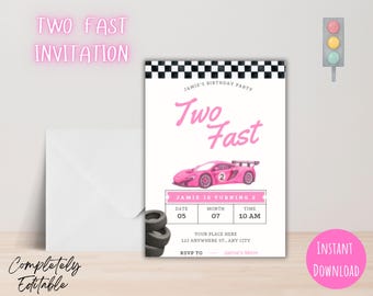 Two Fast Pink Race Car Birthday Invitation 5x7 Editable Girls Racing Party Invite Second Birthday Two Fast Theme Digital Download Printable