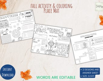 Mantel individual de actividades de otoño 8.5x11 Hoja de actividades imprimible para niños Juegos para colorear de otoño Mantel individual de actividades para el aula Descarga digital imprimible
