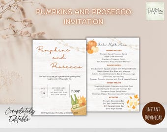 Pumpkins and Prosecco Invitation 5x7 Editable Fall Girls Night Invite Autumn Wine Night Party Cozy Night In Digital Download Printable