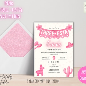 Editable Fiesta Birthday Invitation: Girl Three-esta, Mexican Theme (Digital Download, Editable Template)