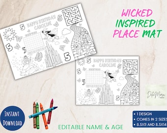 Plantilla de mantel individual inspirada en Wicked, editable e imprimible, decoración para fiestas, 8.5x11 y 8.5x14, mantel individual con actividades para niños, juegos para colorear, descarga digital.