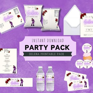 Può includere: Pacchetto festa stampabile con sfondo viola a tema compleanno per una bambina. Il pacchetto include un menu, inviti, etichette per bottiglie d'acqua, etichette per sacchetti di patatine, topper per cupcake e tag regalo. Il testo sugli articoli dice "Come la Flor Selena compie un anno!"