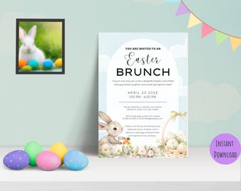 Invito per brunch di Pasqua 5x7 Modificabile Invito per festa di primavera Brunch con coniglietto Festa di Pasqua floreale Riunione di famiglia Download digitale Stampabile