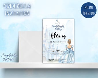 Puede incluir: Una invitación imprimible azul y blanca para una fiesta de cumpleaños. La invitación presenta una ilustración de acuarela del castillo de Cenicienta, un zapato de cristal y una niña vestida como Cenicienta. El texto de la invitación dice: "Únete a nosotros para un cumpleaños Bippity Boppity Elena cumple seis! Sáb 22 dic. a las cuatro de la tarde The Jumping Castle Melbourne RSVP antes del 15 de noviembre de 20XX a [email protected]"
