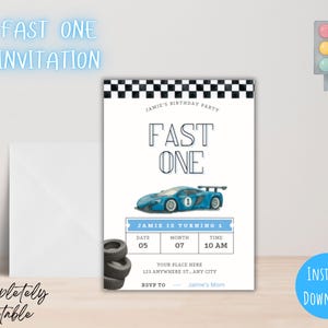 FAST ONE Invitation, blue race car invitation, Editable Racing Car Birthday Invite, Instant Download 1ST Birthday Party Template