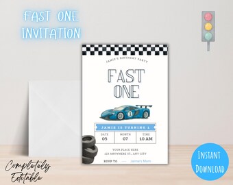 Fast One Blue Race Car Birthday Invitation 5x7 Editable Girl boy Racing Party First Birthday Fast One Theme Digital Download Printable