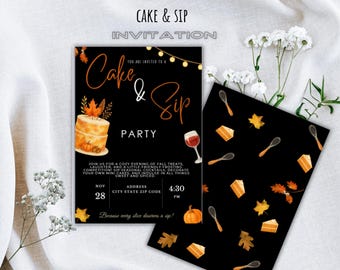 May include: Black invitation card with the text "Cake & Sip" and "Invitation" at the top. The card features a cake, wine glass, and fall leaves. The date and time are also included. A second card with a black background and cake, whisk, and leaf pattern is also shown.