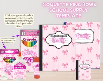 Etichette per materiale scolastico Coquette, etichette con nome a fiocco rosa modificabili, etichette carine per la classe, adesivi per il ritorno a scuola, download digitale stampabile