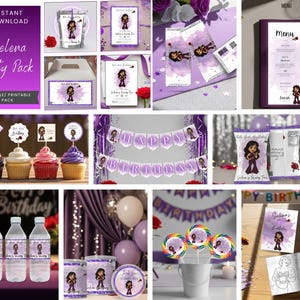 May include: A collection of purple and white party supplies featuring a cartoon illustration of a woman. Items include invitations, cupcake toppers, water bottle labels, a banner, and a menu. The text "Selena Party Pack" is visible.