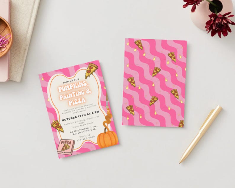 May include: Two pink and white wavy patterned invitations with pizza slice graphics. One invitation reads "Pumpkins Painting & Pizza" with event details. A gold pen and a small vase with flowers are also present.